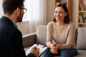 Mulher sorrindo em sessão de psicoterapia com psicólogo