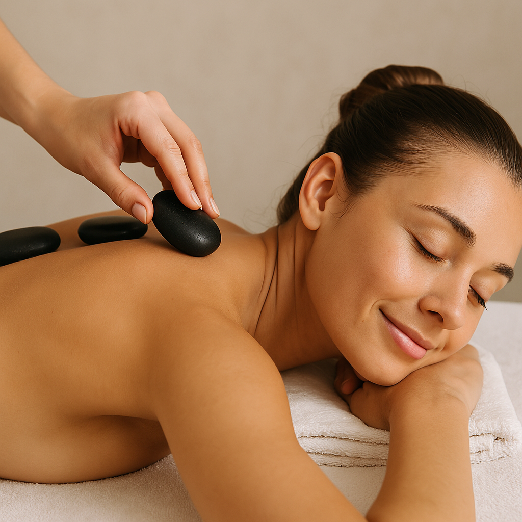 Massagem Terapêutica: Mulher relaxando em sessão de massagem com pedras quentes