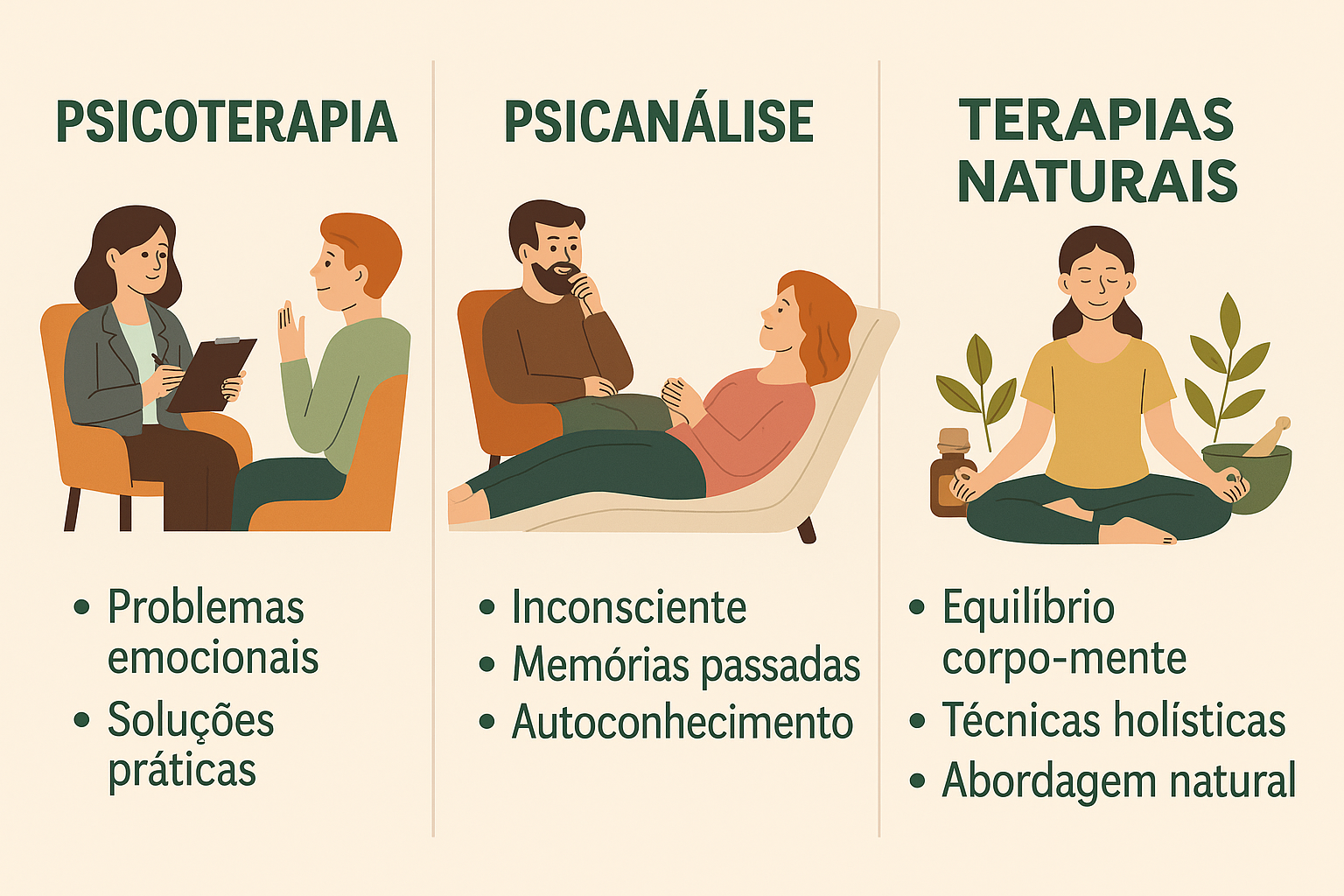 Psicanálise e Terapias Naturais: Ilustração comparando psicoterapia, psicanálise e terapias naturais