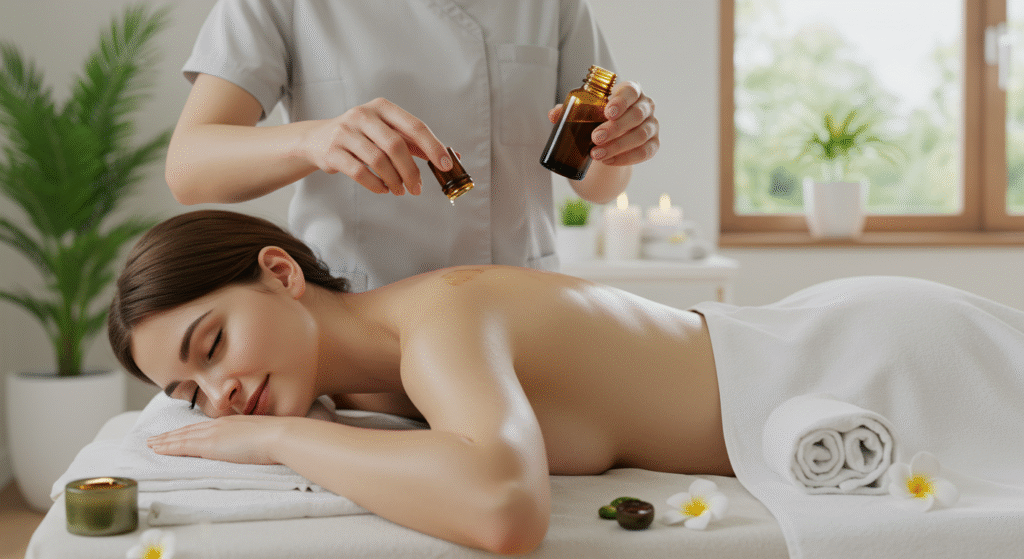 Pessoa deitada em maca de massagem, terapeuta aplicando óleo nas costas com as mãos, ambiente relaxante com luz suave e plantas ao fundo.