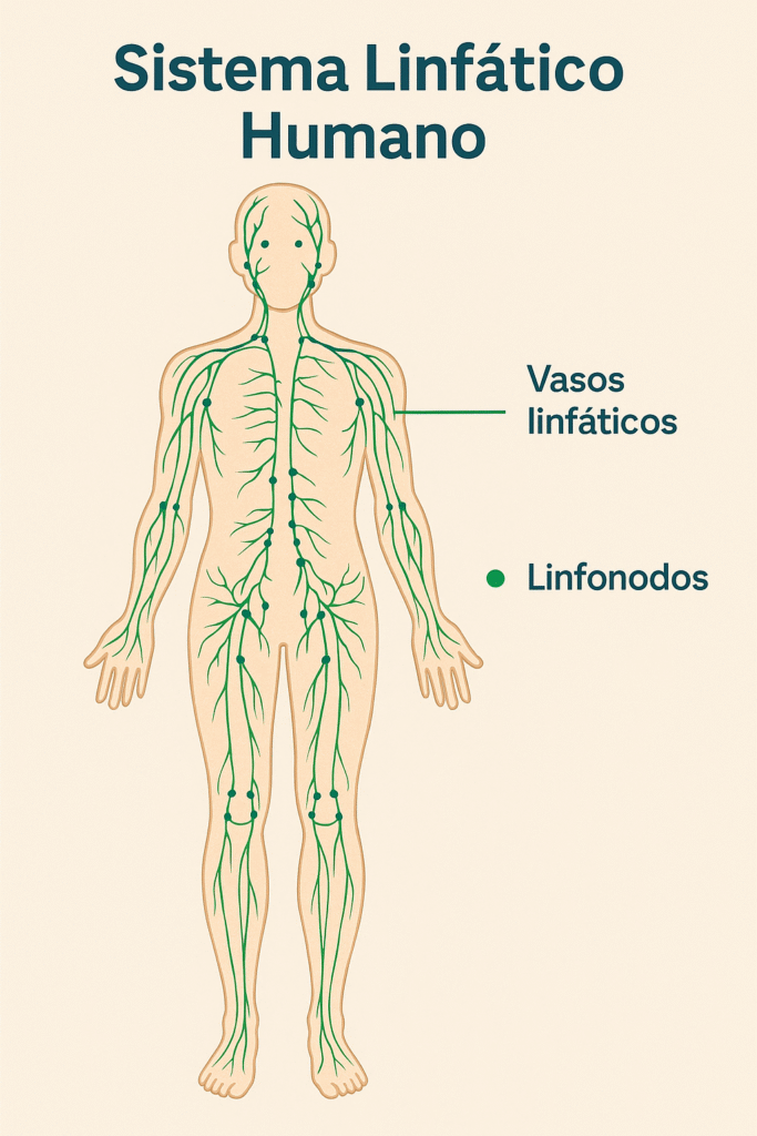 Infográfico colorido e didático mostrando o sistema linfático humano