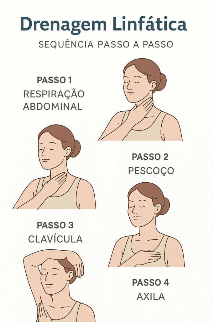 Sequência de ilustrações passo a passo mostrando uma mulher realizando drenagem linfática no pescoço e axilas.