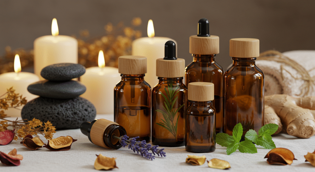 óleos essenciais para massagem: Frascos de óleos essenciais