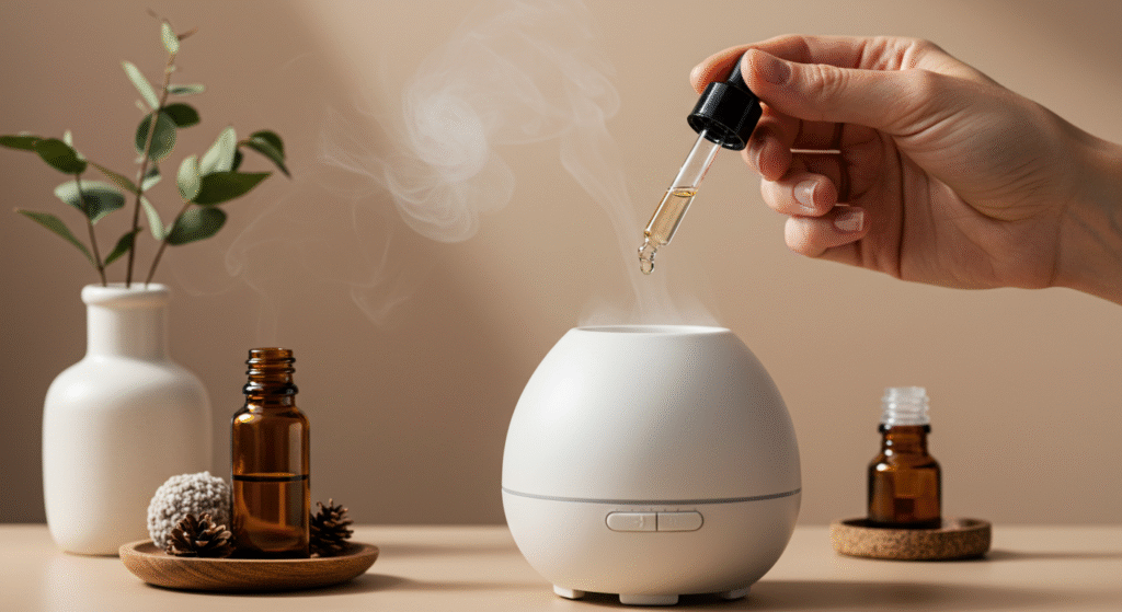 Mão segurando um conta-gotas pingando óleo essencial em um difusor de cerâmica com vapor visível, fundo neutro e clean.