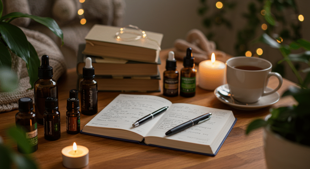 Mesa de madeira com frascos de óleos, bloquinho de anotações, livro aberto sobre aromaterapia, e uma xícara de chá ao lado.