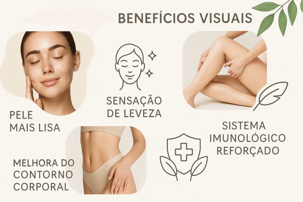 Colagem visual destacando benefícios da drenagem linfática: pele saudável, sensação de leveza, melhora do contorno corporal, sistema imune fortalecido.