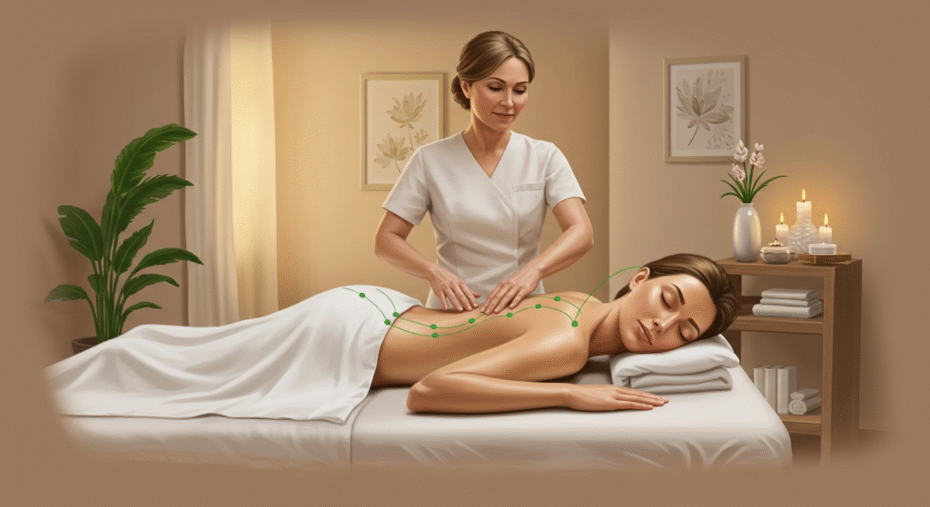 Drenagem Linfática: Ilustração realista de uma mulher recebendo drenagem linfática em um ambiente de spa natural